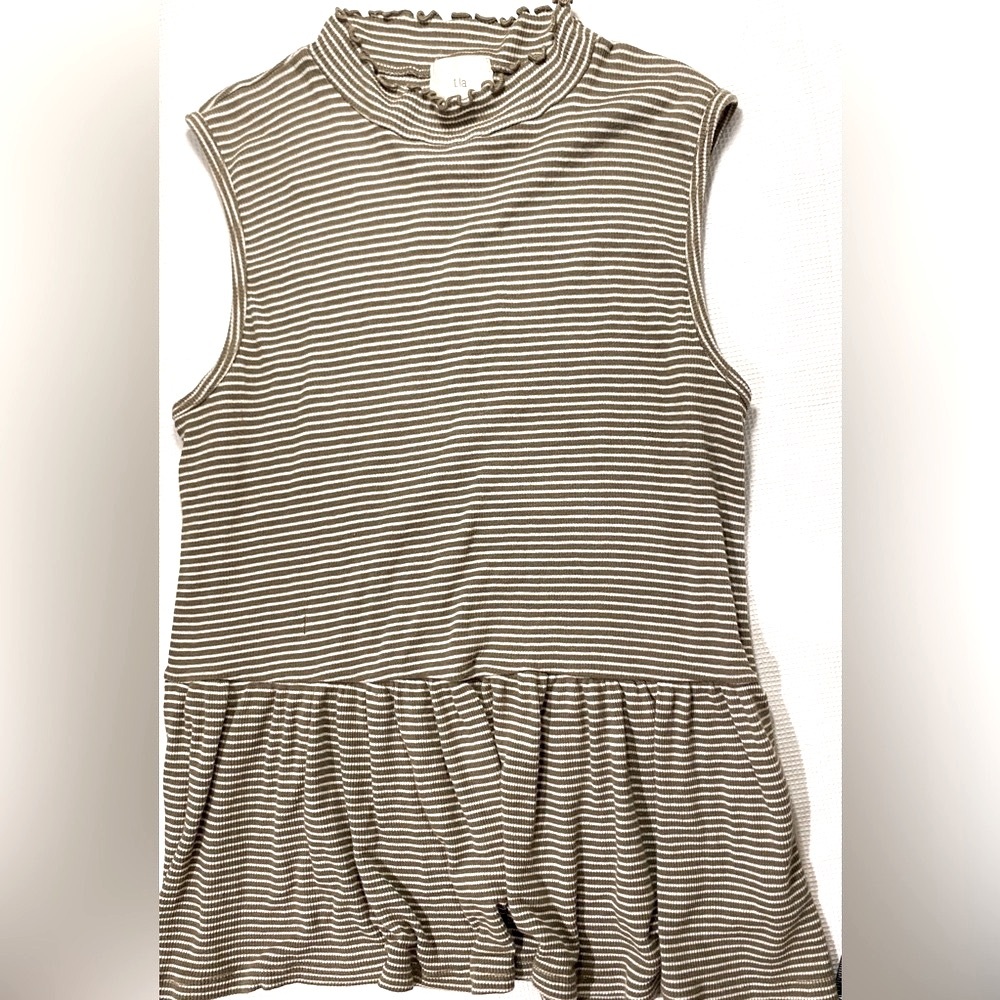 Anthropology sleeveless peplum with lettuce-edge high neck in olive stripe